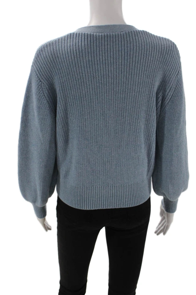 Cardigã feminino algodão por outono cashmere gola V com nervuras azul tamanho M - Imagem 3 de 4