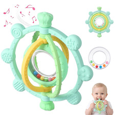 Baby Ring Teething Toys with Rattle for 3 Months , Bpa-Free, Green  Easy to Gri