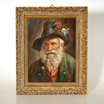Ölgemälde H. Schumann bayerischer Mann Pfeife Tracht Portrait Vintage retroantik
