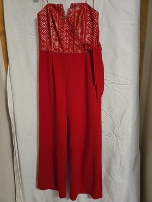 Mi Ami Size Large Red Strapless Lace Top Jumpsuit Wide Leg