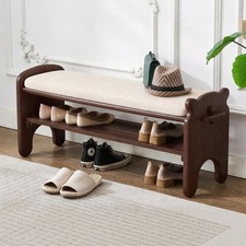 Solid Wood 2-Tier Shoe Bench for Hallway Entryway w/ Faux Leather Cushion Walnut