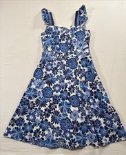 Tahari ASL Dress Womens 6 Blue Floral A-Line Fit & Flare Ruffle Detail Lined