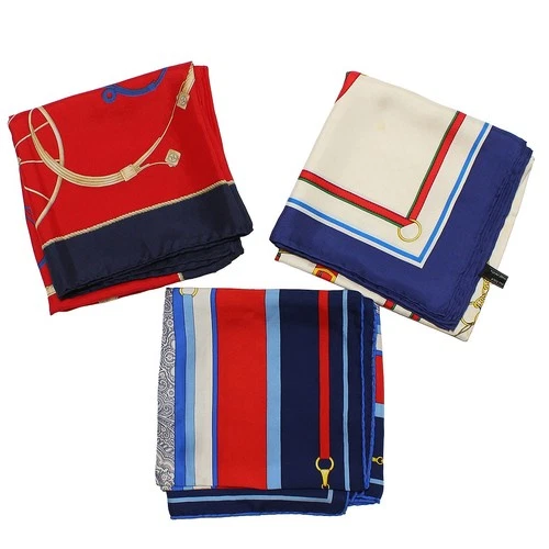 CELINE Set of 3 Silk Scarf Scarves W34xH34" Vintage Red Black White F502