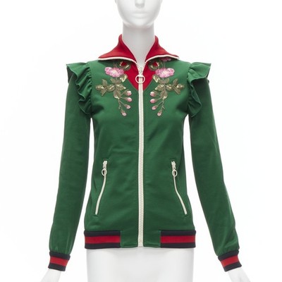 GUCCI Alessandro Michele green pink floral applique ruffled track jacket XS