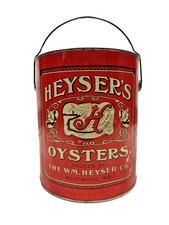 Heyser's Brand Oyster Tin Can Gallon-Bail, Original Lid, White Rose Variation