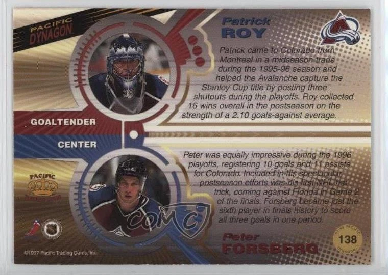 1997-98 Pacific Dynagon Ice Blue Peter Forsberg Patrick Roy #138 HOF - Image 2 of 2