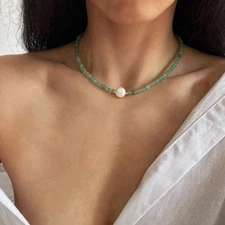 Natural Green Aventurine & Pearl Smooth Rondelle Gemstone Beaded Necklaces 18''