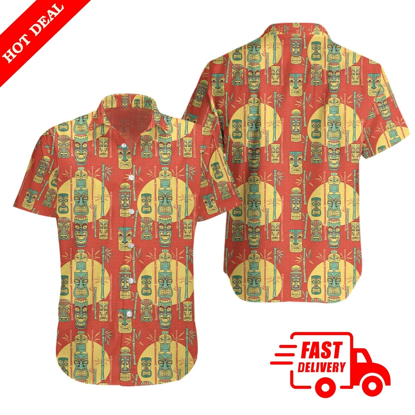 Mens Orange Tiki Mask Hawaiian Aloha Shirt Tropical Beach Button Down Party
Opens in a new window or
