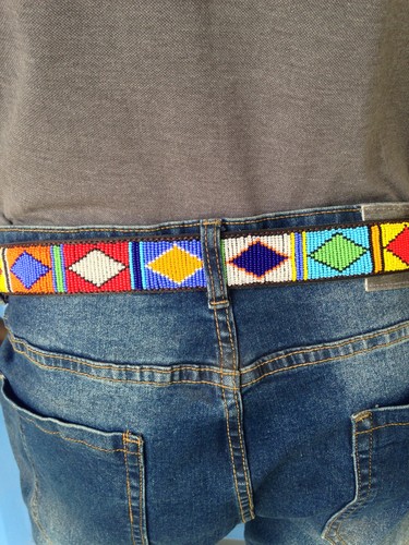 Cinturón Cuero Cuentas Colores Geométricos Hecho a Mano Masai África Nativo Occidental 32-46" - Imagen 14 de 26