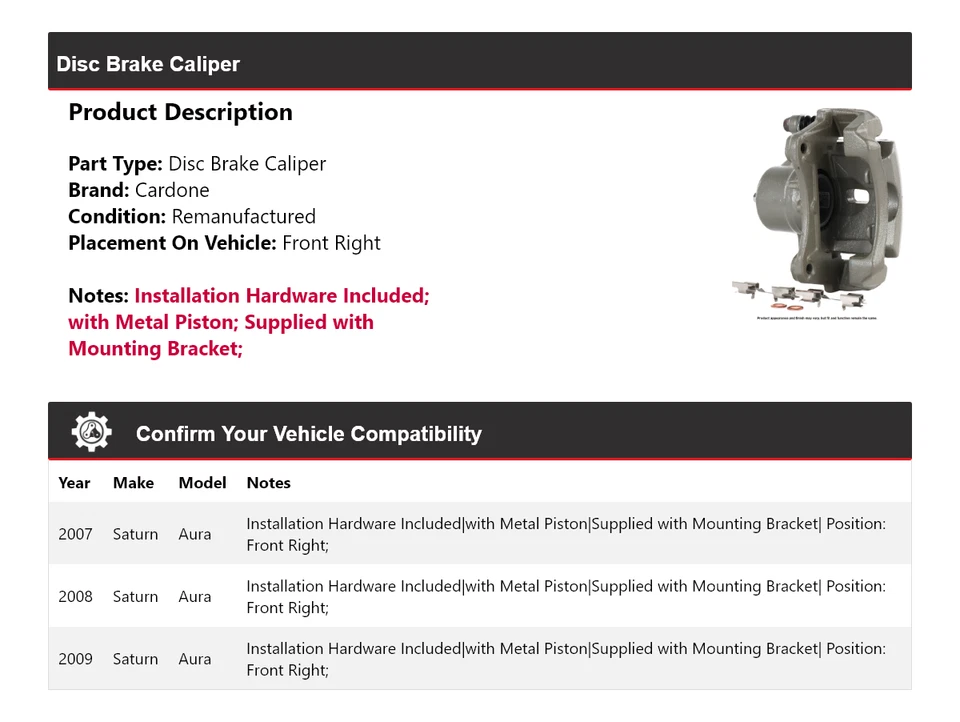 Pinza de freno de disco delantera derecha Cardone 2008 Saturn Aura 2007-2009 Foto 2 de 4