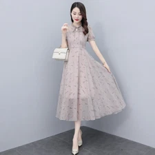 Women Fairy Chiffon Floral Midi Dress Short Sleeve Fit Flare Party Casual Summer