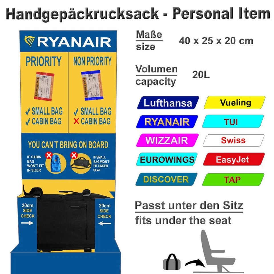 Rucksack Ryanair Handgepäck 40x20x25 kleiner Reiserucksack Flugzeug schwarz - Bild 4 von 4