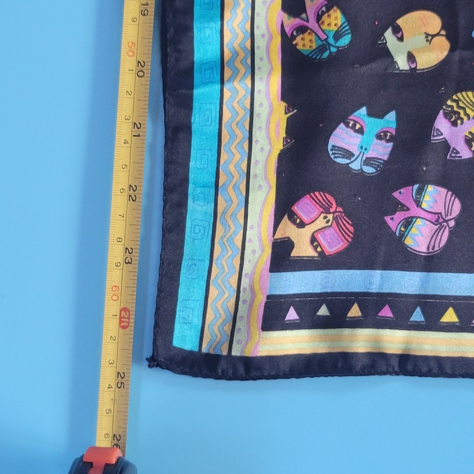 Laurel Burch? Black Silk Scarf Semi Sheer Feline Cats Heads Colorful no
