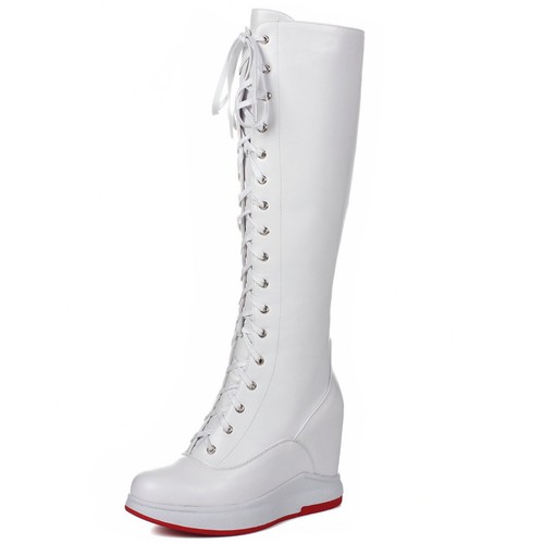 Women's Cow Leather Wedges Thigh High Boots Lace Up High Heel Fashion Sneakers - Picture 24 of 25