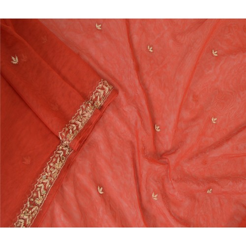 Sanskriti Vintage Brick Red Long Dupatta Stole Net Mesh Hand Beaded Scarves - Picture 4 of 9