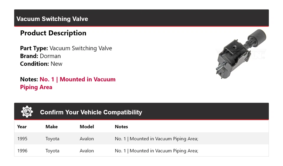 Válvula de conmutación de vacío para Toyota Avalon Dorman 1995-1996 Foto 2 de 4