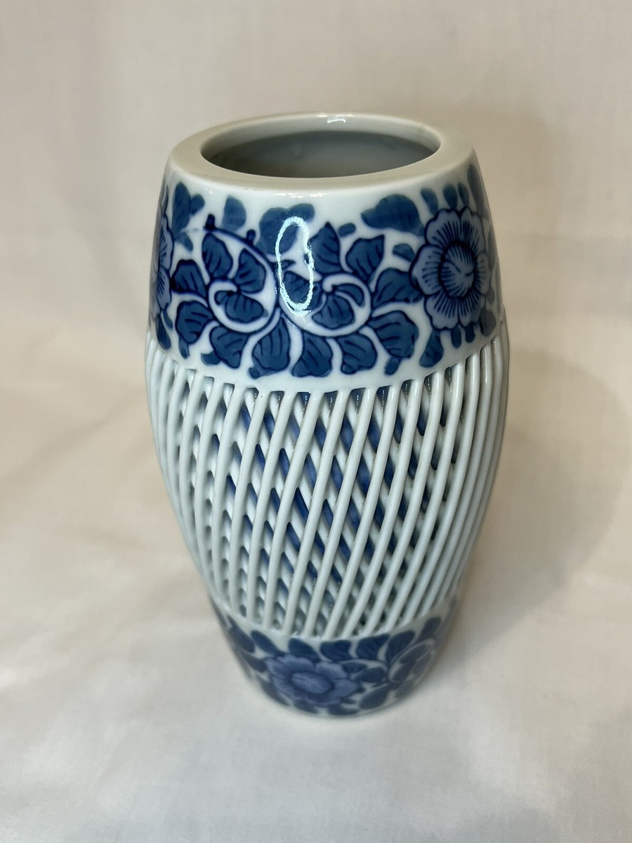 Vintage Japanese Blue And White Floral Porcelain Reticulated