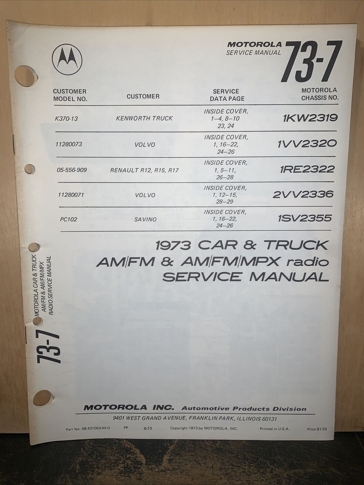 1973 Motorola  Radio Model K370-13  -Service Data- schematics, E