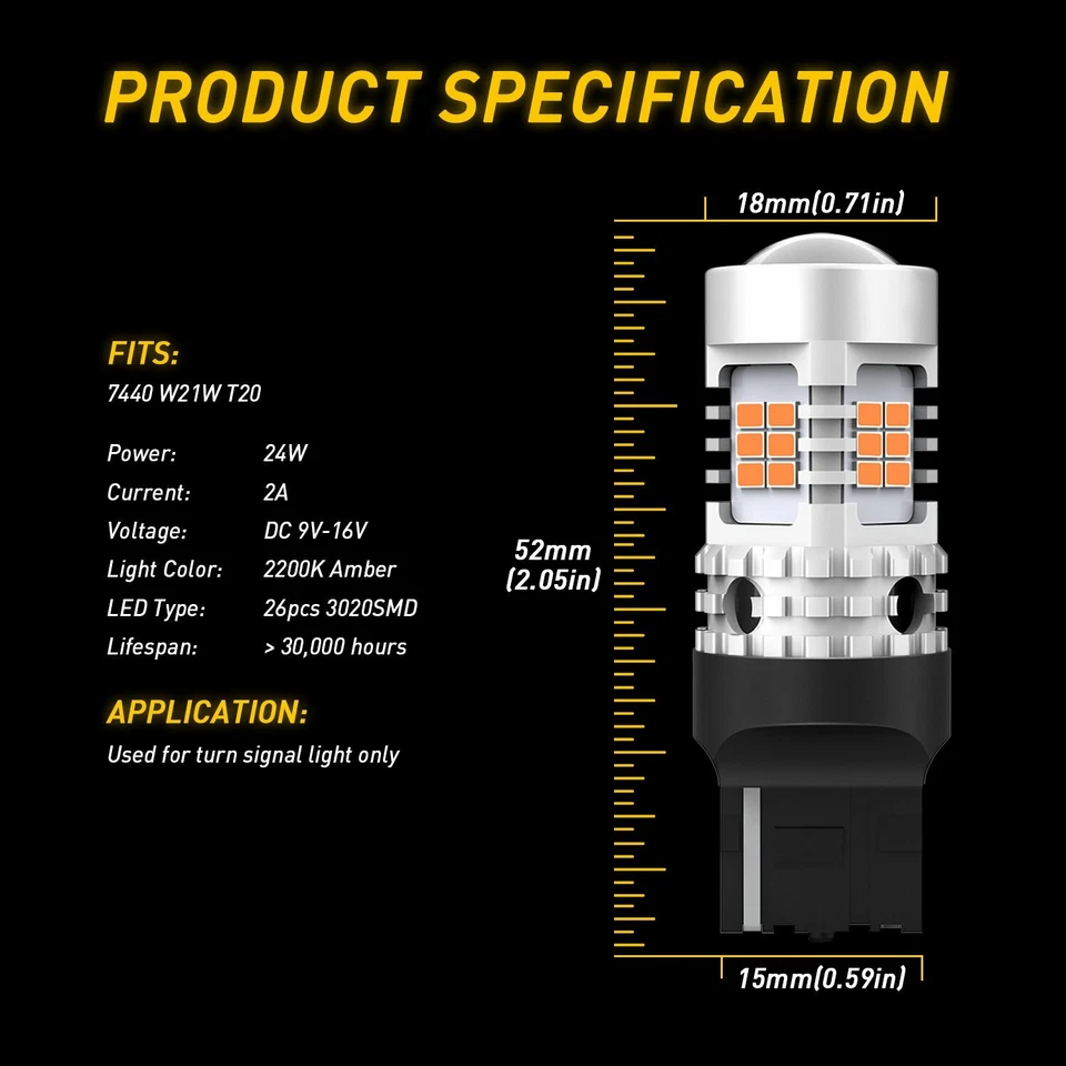 4X 7440 T20 Amarillo Ámbar Alta Potencia LED Señal de Giro Bombillas 2700LM Más Brillante Foto 4 de 4
