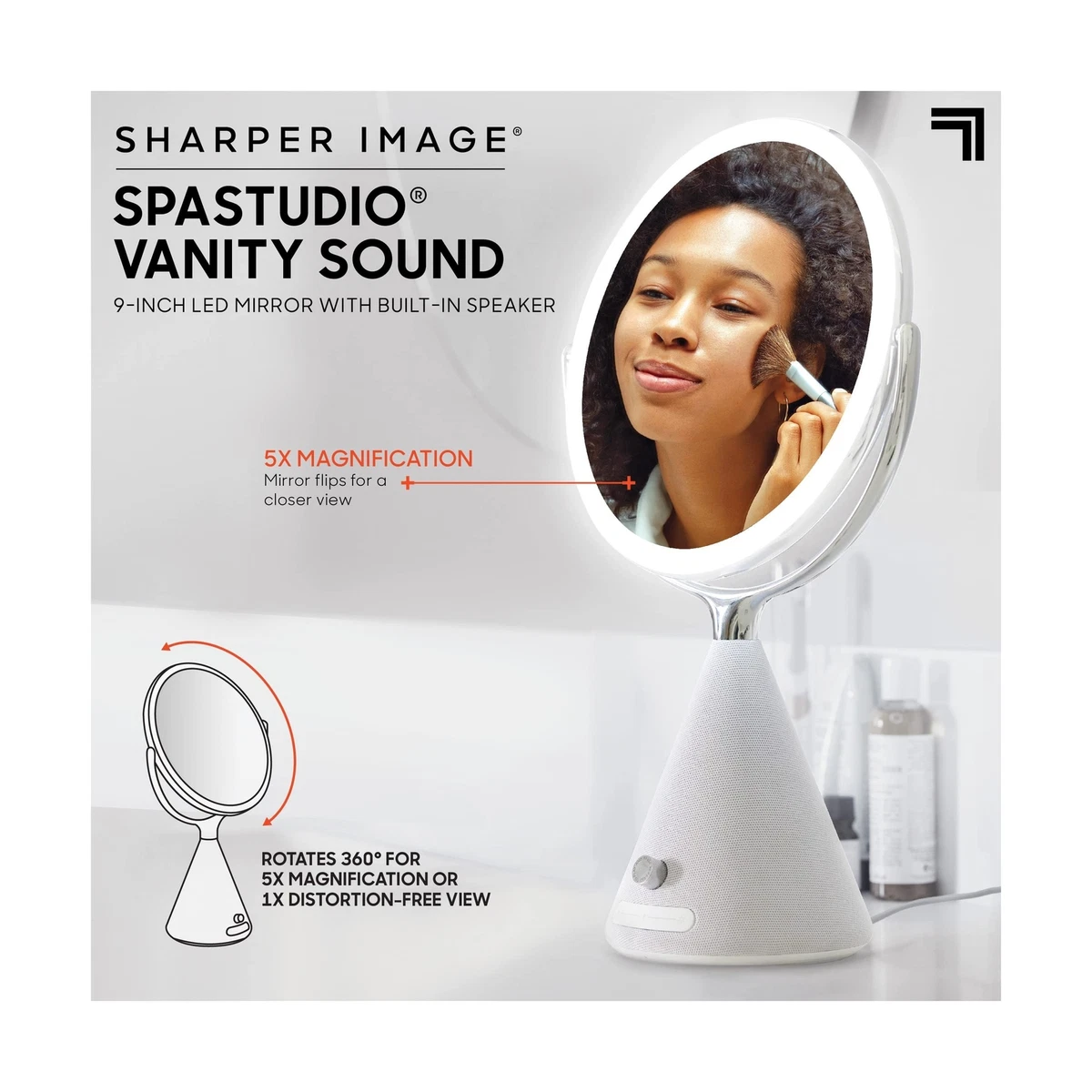 Sharper image mirror with bluetooth outlet