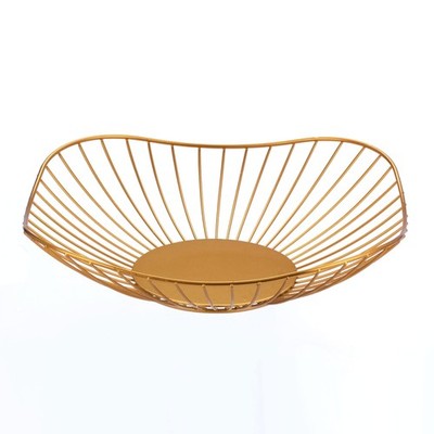 Short Curved Edge Metal Iron Wire Fruit Basket Square Dish Holder Gold 1 PCS