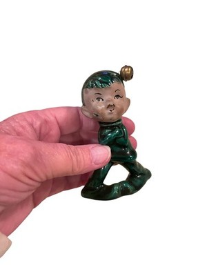 Vintage 50s Ceramic Elf Ornament Green Glaze Pixie w Jingle Bell