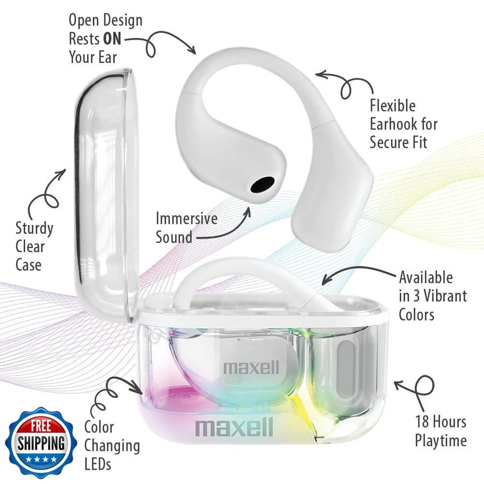 Maxell OWS Pro, Ganchos para los oídos abiertos Bluetooth, hasta 18 horas de juego con estuche, H Foto 3 de 4