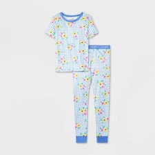 Girls' 2pc Gingham Floral 100% Cotton Snug Fit Pajama Set - Cat & Jack Blue 10