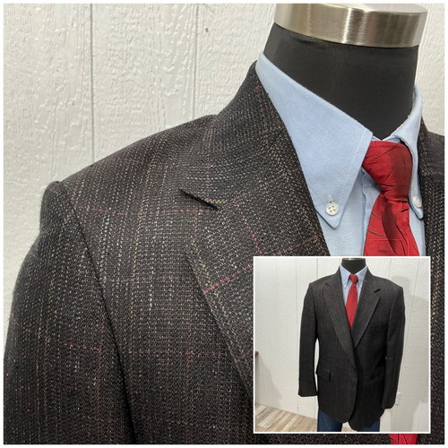 46R Strathmore Richman Bros 100% Wool Black Plaid Windowpane Blazer Sport Coat
