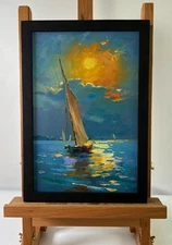 Oil Painting Boat At Sunset Y. Suprunchuk Evening Seascape Nature Art nAAA5773