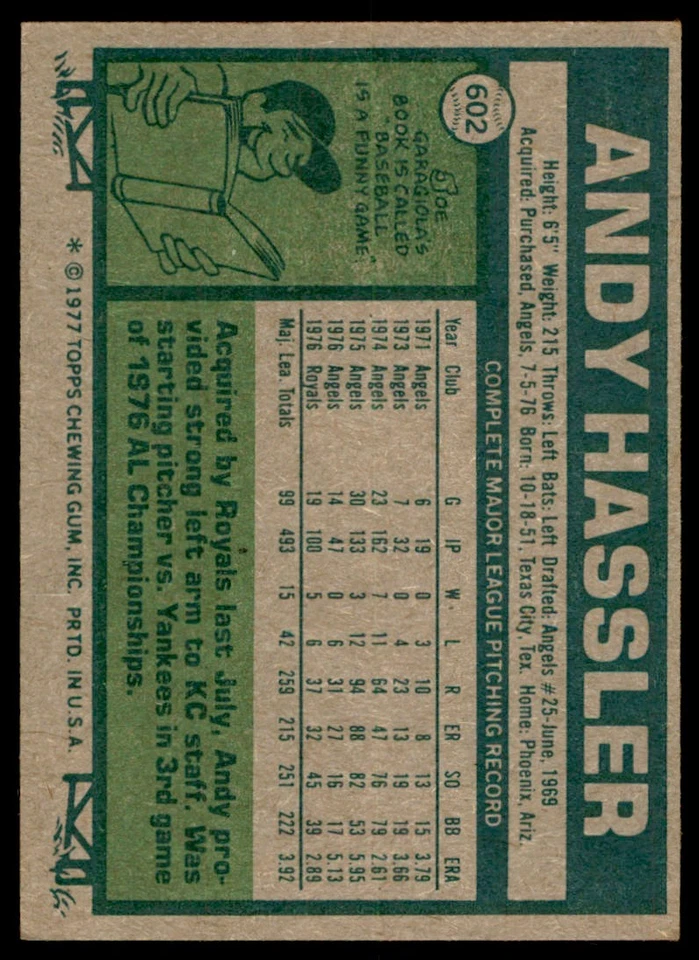 1977 TOPPS ANDY HASSLER KANSAS CITY ROYALS #602 - Image 2 of 2