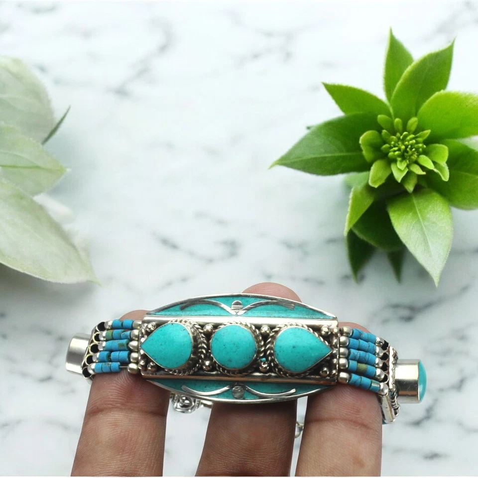 Handmade Turquoise Bracelet 925 Sterling Silver Multi Strand Beaded Adjustable - Image 3 of 4
