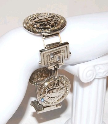 Vtg Gianni Versace 8'' Silver Toned Medusa Rhinestone Greek Key Bracelet 78.7g TW