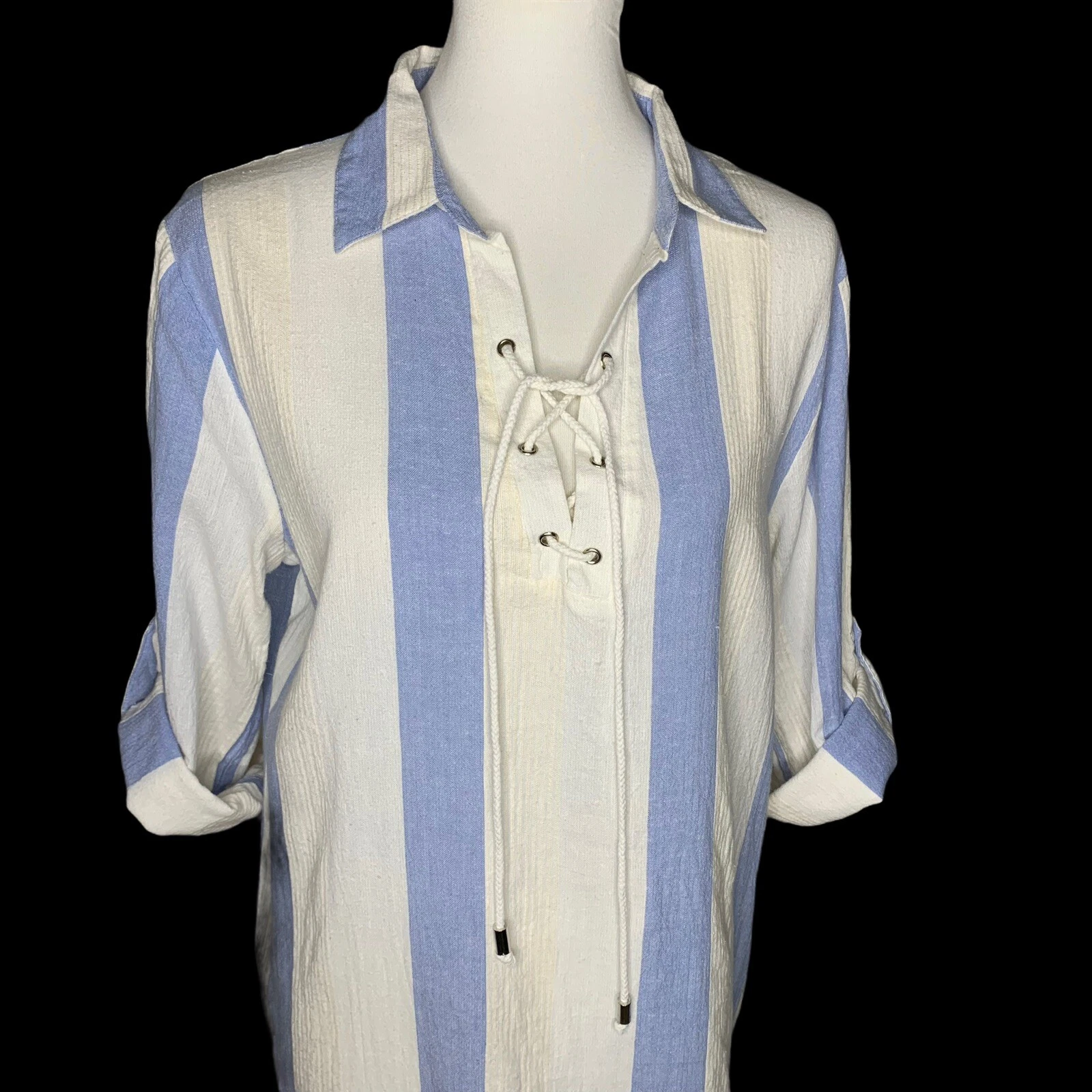 OFF WHITE Abito copricostume da bagno a righe Spiaggia Dolce taglia L blu bianco sporco maniche a linguetta arrotolata