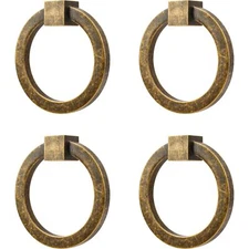 4-Pack 2.0" x 1-7/8" Solid Brass Antique Drawer Pulls Brushed Gold Ring Handles