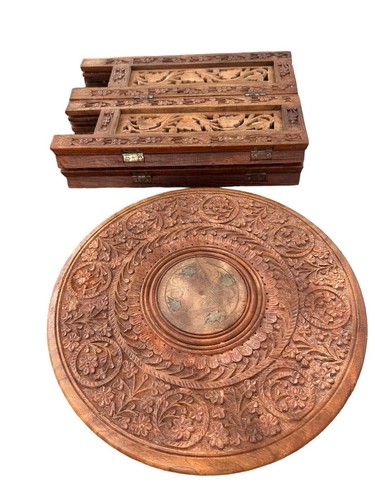 Vintage Teak Carved Octagonal Folding Sm Side Table Inlay Anglo Indian Moorish - Picture 14 of 17