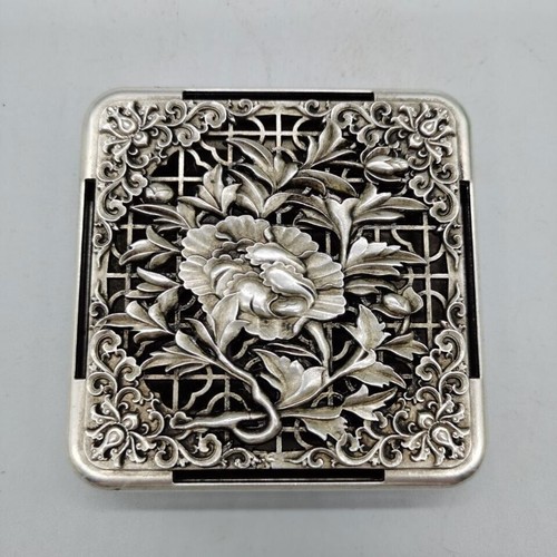 Asian tibet silver copper handmade flower inkstone box pen wash ink pad box - Picture 8 of 9