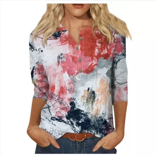 3/4 Length Sleeve Womens Tops Casual Loose Fit V-neck Shirts Floral Tunic Tops - Picture 26 of 51
