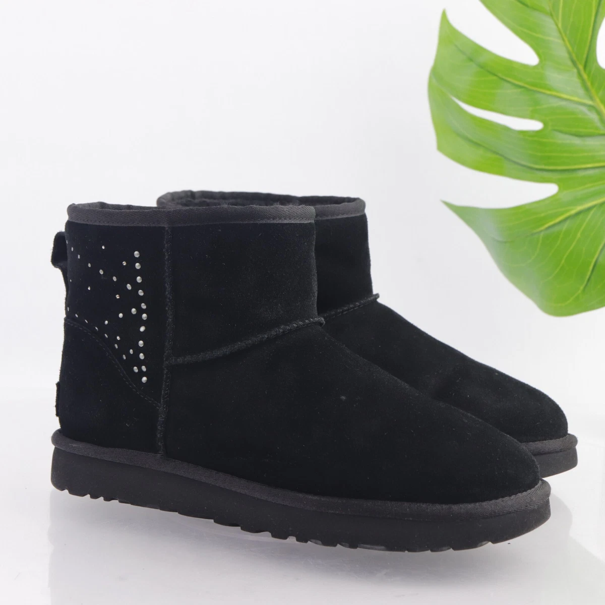 UGG Women s Classic Mini Boots Size 9 Studded Black Suede Sheepskin Sherpa Short