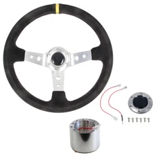 CJ Classic Trucks Steering Wheel 14" 6-Bolt 3-Spoke Aluminum Suede-Wrapped Ki...