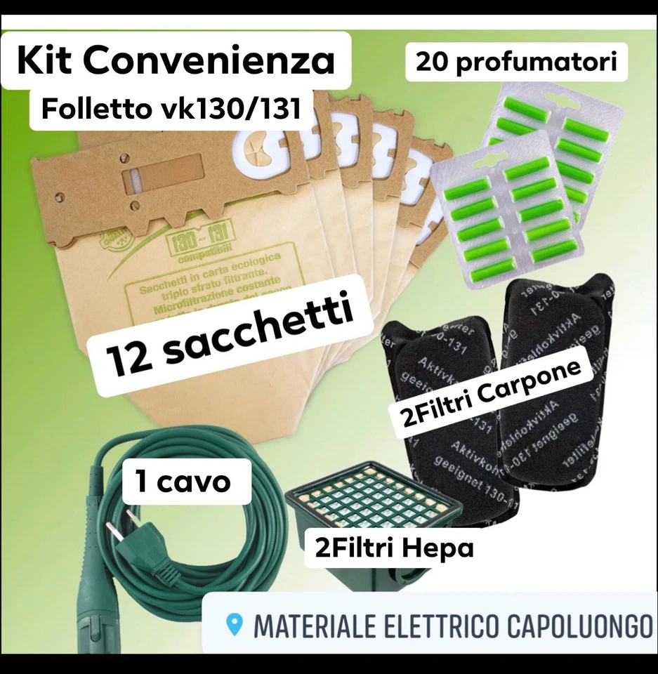 VORWERK SACCHETTI FOLLETTO VK 130 VK 131 12PZ +20 PROFUMI+2 FILTRI CARBONI +2 HEPA+ CAVO