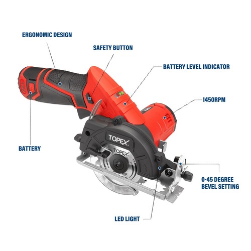 TOPEX 12V Cordless Circular Saw 85 mm Compact Lightweight w/ Battery & Charger - Picture 3 of 13