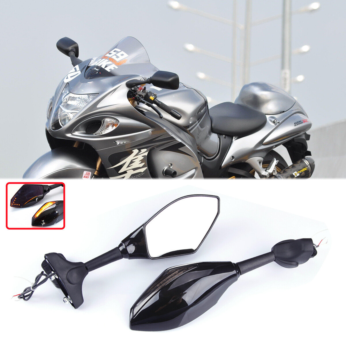 For Suzuki 99-12 GSX 1300R Hayabusa Side Mirrors Smoke Lens LED