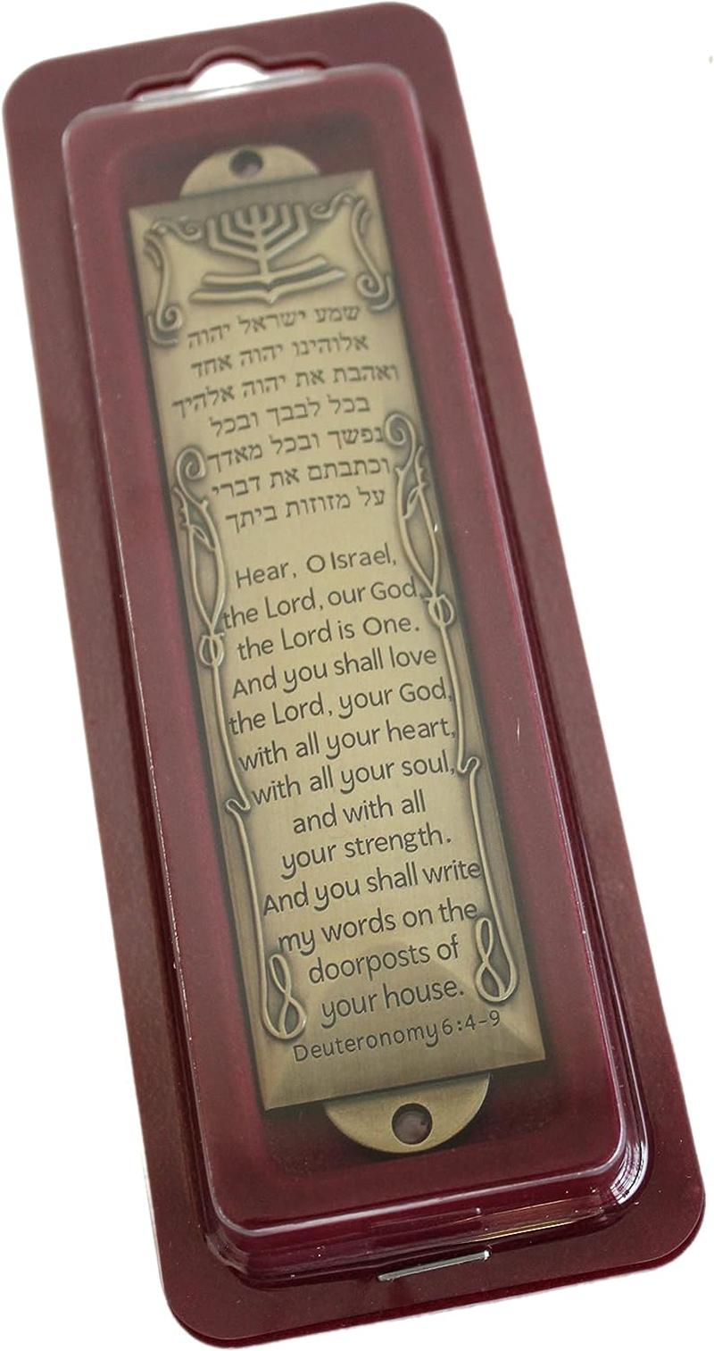 Shema Metal Blessing Mezuzah with Scroll (Bronze, English/Hebrew House