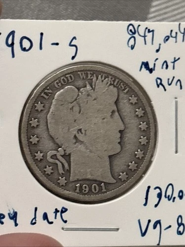 1901 S Barber Half Dollar Key Date (847,044 Mint Run) Vg Details