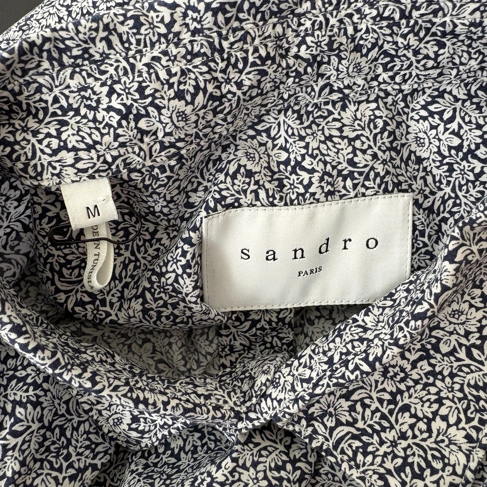 Sandro Long Sleeve Shirt Mens Medium Navy White Floral Print Casual Button Front - Image 4 of 4