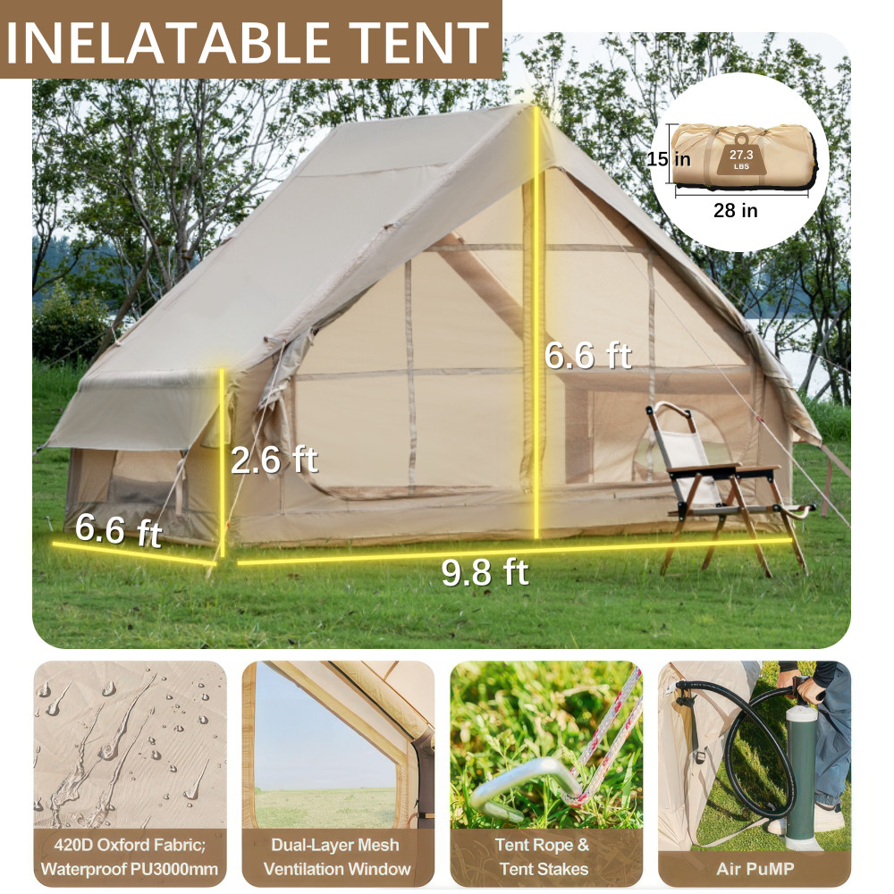 Inflatable Tent w Pump for 4-6 Person, Easy Setup Waterproof w 12 Mesh Window
