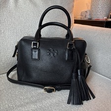 Tory Burch Small Black Pebbled Satchel Top Handle Crossbody Tassel Zip Logo