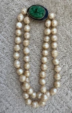 Vintage Kenneth Jay Lane KJL Multi Strand Faux Pearl Huge Jade Pendant