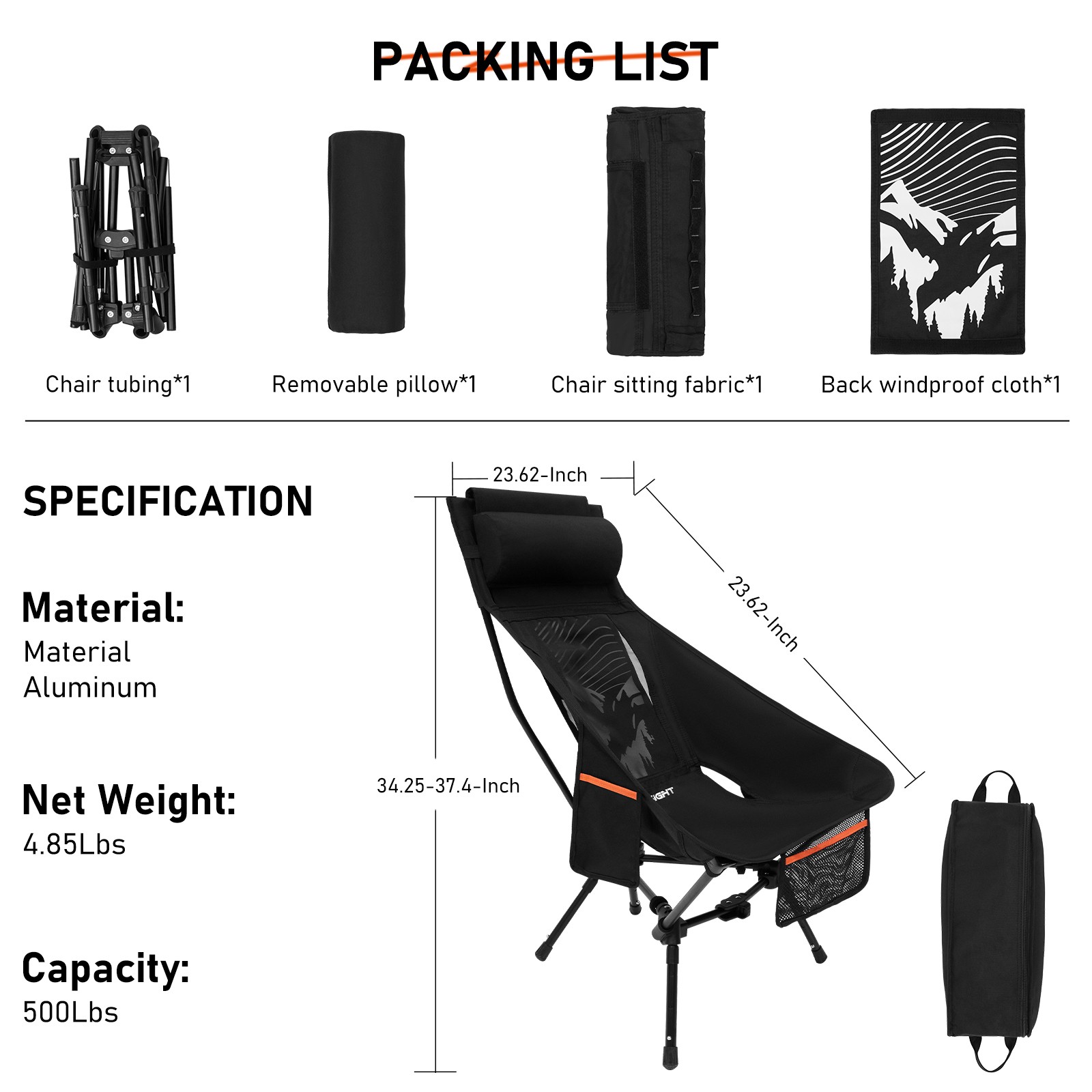 NOVSIGHT Camping Chair Folding Garden Beach Fishing Picnic Adult Child 150KG Max
